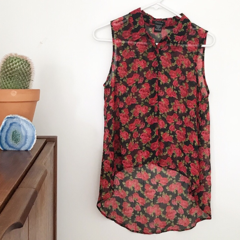 Sheer button down floral tank top